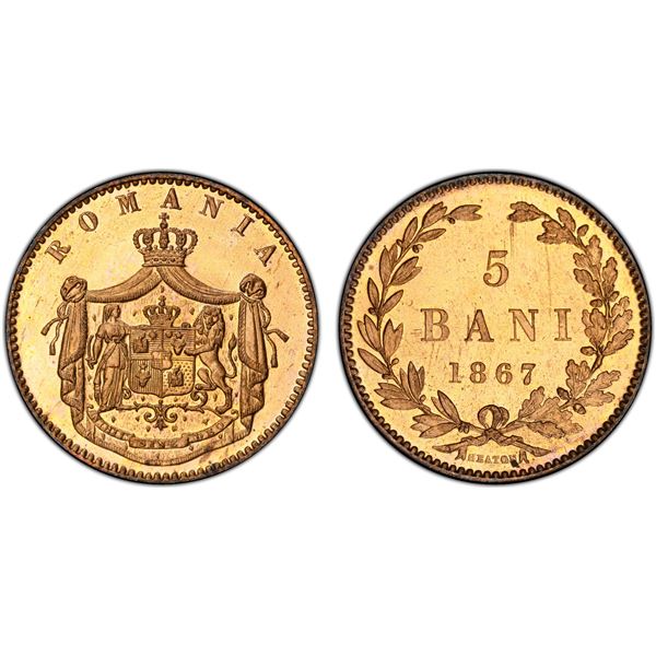 ROMANIA: Carol I, as Prince, 1866-1881, AE 5 bani, 1867-H, PCGS Specimen 65 RD