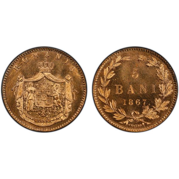 ROMANIA: Carol I, as Prince, 1866-1881, AE 5 bani, 1867-H, PCGS Specimen 66 RD