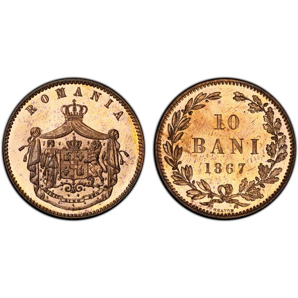 ROMANIA: Carol I, as Prince, 1866-1881, AE 10 bani, 1867, PCGS Specimen 64 RB