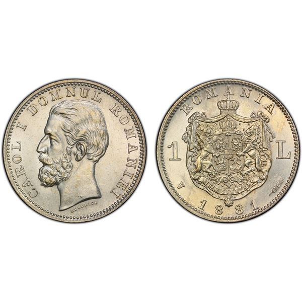 ROMANIA: Carol I, as Prince, 1866-1881, AR leu, 1881, PCGS MS62