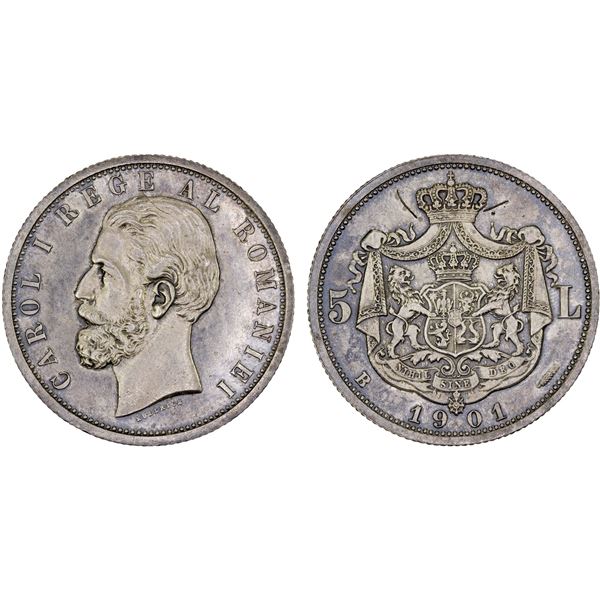 ROMANIA: Carol I, as King, 1881-1914, AR 5 lei, 1901-B, AU