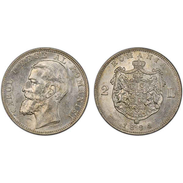 ROMANIA: Carol I, as King, 1894-1914, AR 2 lei, 1894, PCGS AU58