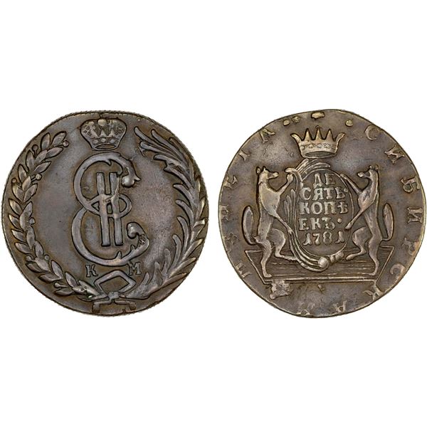 SIBERIA: Catherine II, 1862-1796, AE 10 kopecks, 1781-KM, VF