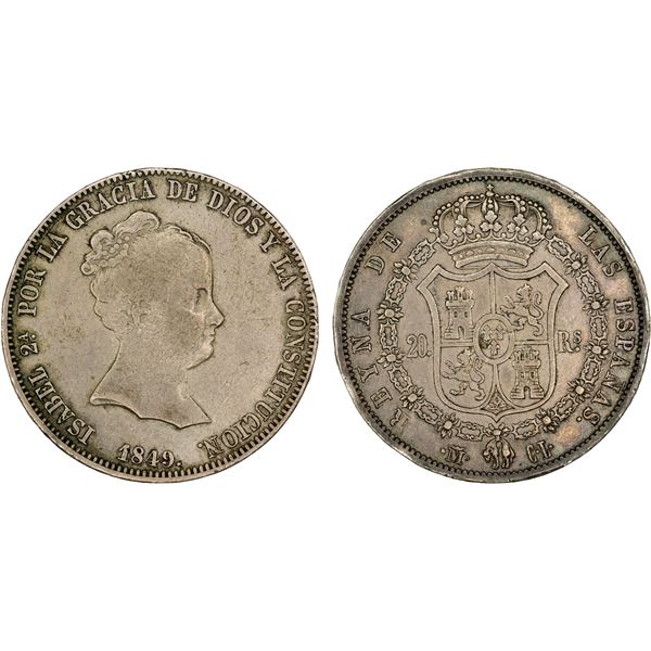 SPAIN: Isabel II, 1833-1868, AR 20 reales, 1849-M, VF