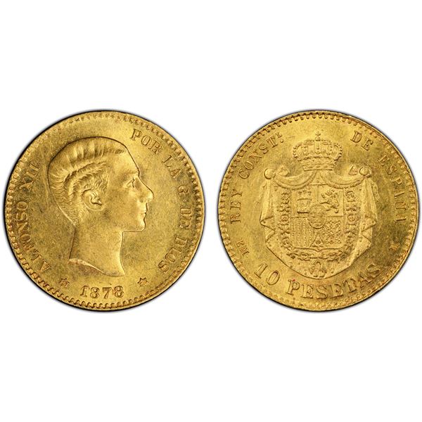 SPAIN: Alfonso XII, 1874-1885, AV 10 pesetas, 1878 (78), PCGS AU58 +
