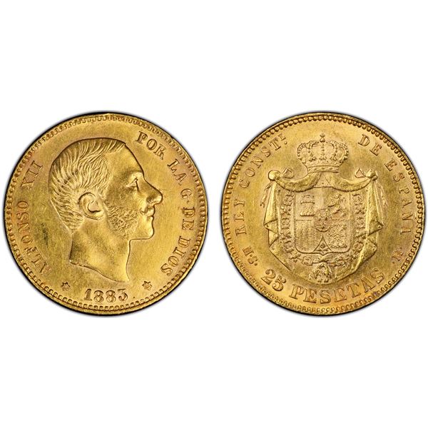 SPAIN: Alfonso XII, 1874-1885, AV 25 pesetas, 1883 (83), PCGS AU details