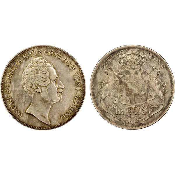 SWEDEN: Oscar I, 1844-1859, AR riksdaler, 1851, Choice VF