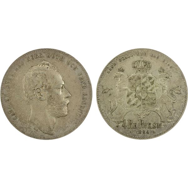 SWEDEN: Karl XV Adolf, 1859-1872, AR 4 riksdaler riksmynt, 1864, NGC EF45