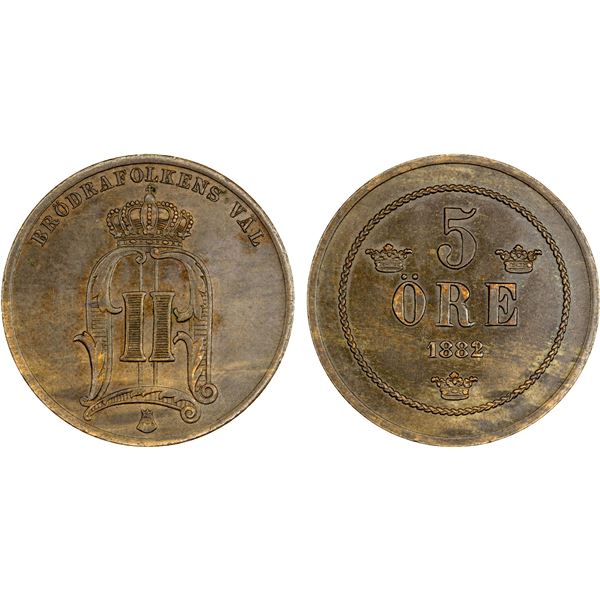 SWEDEN: Oscar II, 1872-1907, AE 5 öre, 1882/1, Choice XF