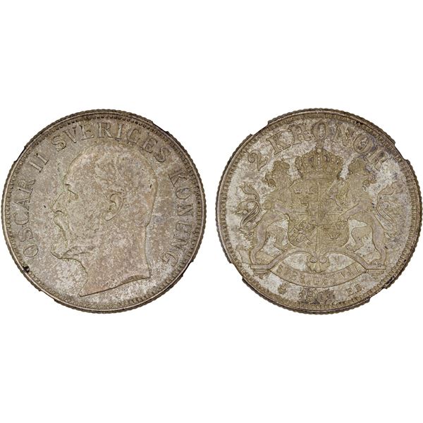 SWEDEN: Oscar II, 1872-1907, AR 2 krona, 1907, NGC MS63