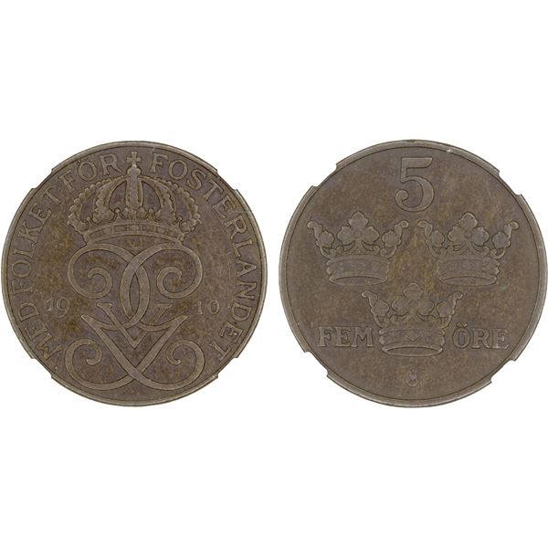 SWEDEN: Gustav V, 1907–1950, AE 5 öre, 1910, NGC EF40 BN