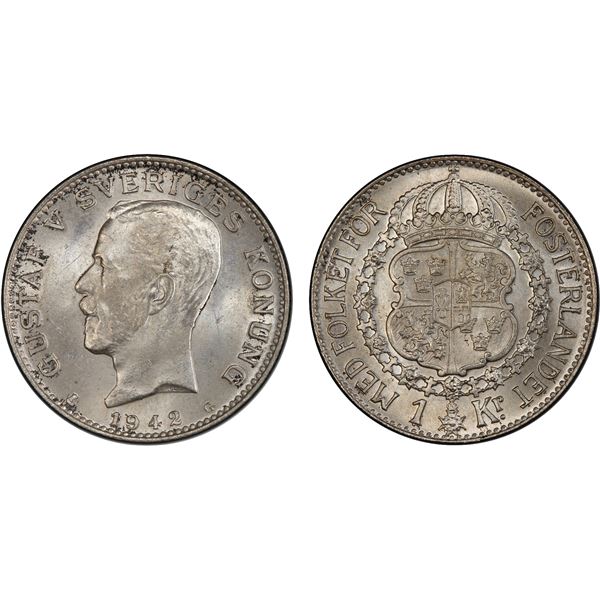 SWEDEN: Gustav V, 1907-1950, AR krona, 1942-G, PCGS MS64