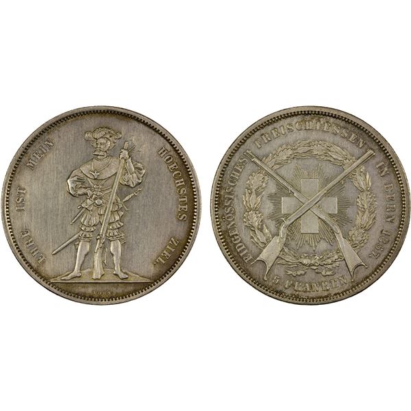 SWITZERLAND: Confederation, AR 5 francs, 1857, XF