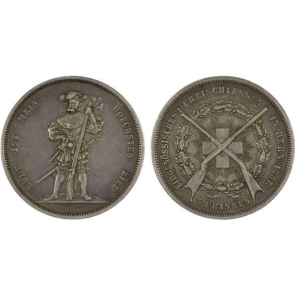 SWITZERLAND: Confederation, AR 5 francs, 1857, VF-XF