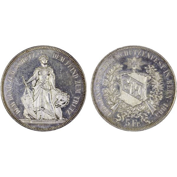 SWITZERLAND: Confederation, AR 5 francs, 1885, UNC