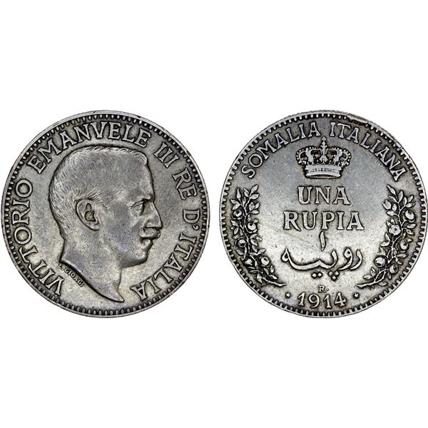 ITALIAN SOMALILAND: Vittorio Emanuele III, 1900-1941, AR rupia, 1914-R, VF-XF