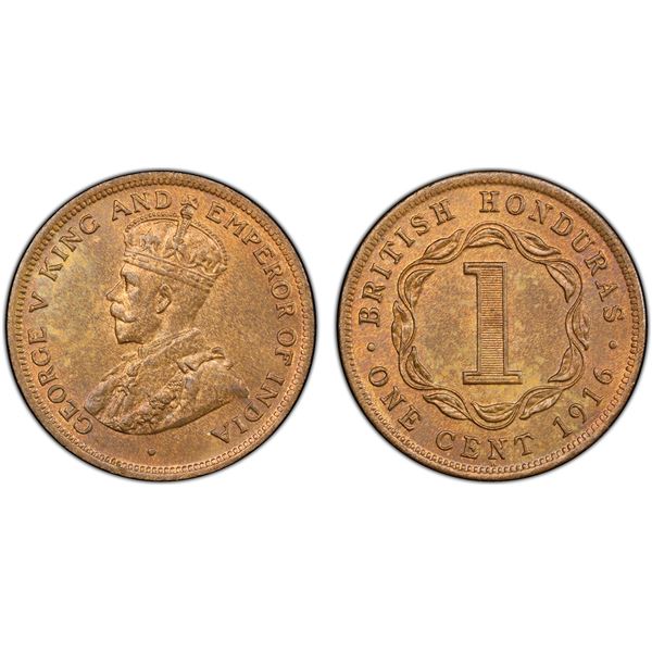 BRITISH HONDURAS: George V, 1910-1936, AE cent, 1916-H, PCGS MS64 RB