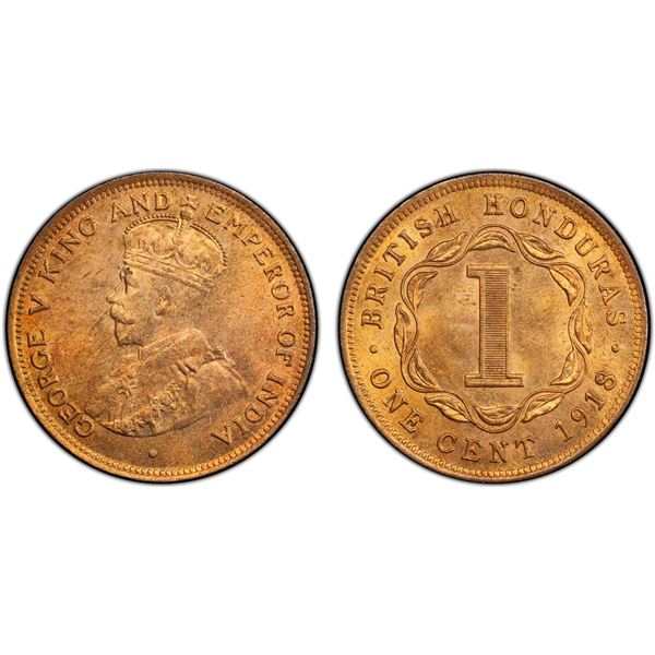 BRITISH HONDURAS: George V, 1910-1936, AE cent, 1918, PCGS MS64 RB
