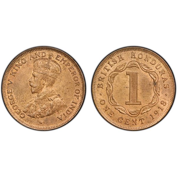 BRITISH HONDURAS: George V, 1910-1936, AE cent, 1918, PCGS MS64 RB