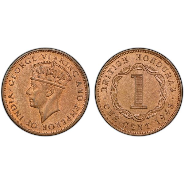 BRITISH HONDURAS: George VI, 1936-1952, AE cent, 1943, PCGS MS64 RB