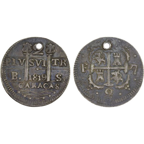 VENEZUELA: Caracas: Fernando VII, 1808-1821, AR 2 reales (3.24g), 1819, XF