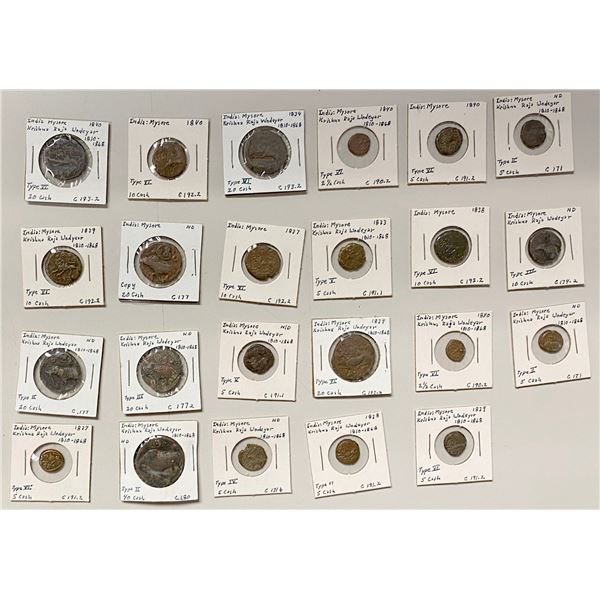 MYSORE: Krishna Raja Wodeyar, 1799-1868, LOT of 22 copper coins