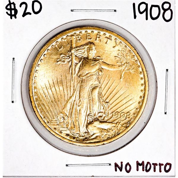 1908 No Motto $20 St. Gaudens Double Eagle Gold Coin