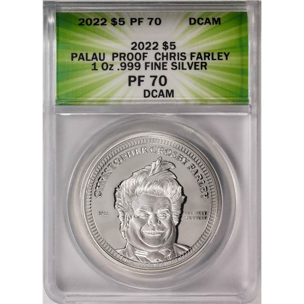 2022 $5 Palau Proof Chris Farley Silver Coin ANACS PF70DCAM
