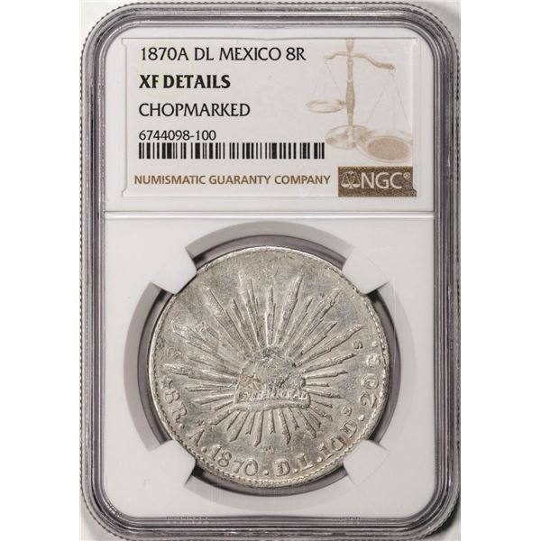 1870A DL Mexico 8 Reales Silver Coin NGC XF Details Chopmarked
