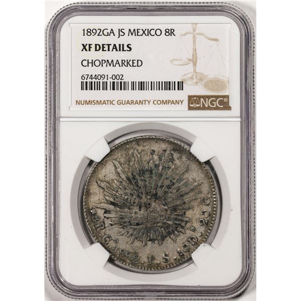1892GA JS Mexico 8 Reales Silver Coin NGC XF Details Chopmarked