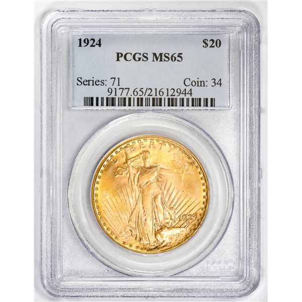 1924 $20 St. Gaudens Double Eagle Gold Coin PCGS MS65