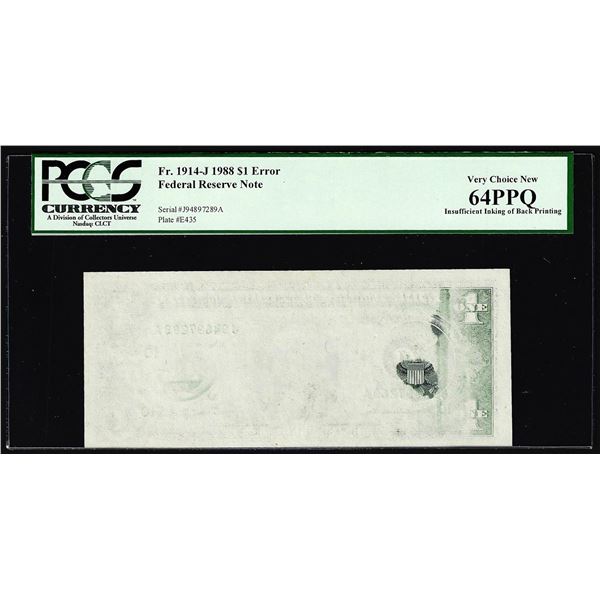 1988 $1 Federal Reserve Note Insufficient Ink Error PCGS Very Choice New 64PPQ