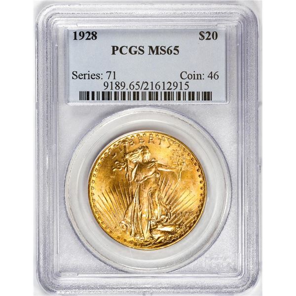 1928 $20 St. Gaudens Double Eagle Gold Coin PCGS MS65