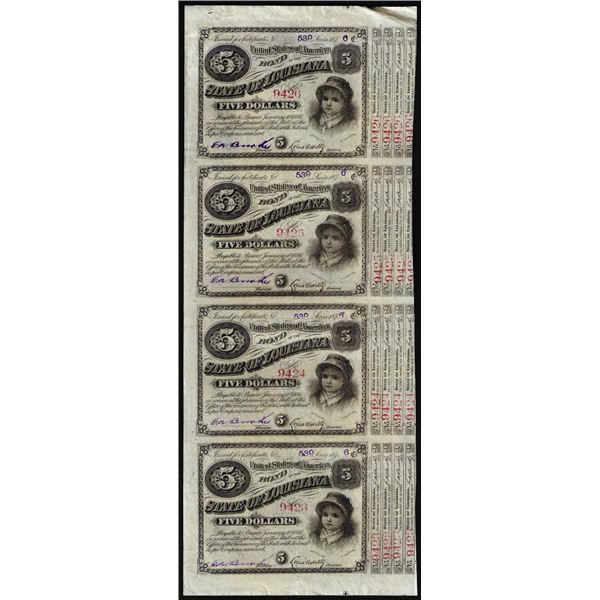 Uncut Sheet of (4) State of Louisiana Baby Bond Obsolete Notes