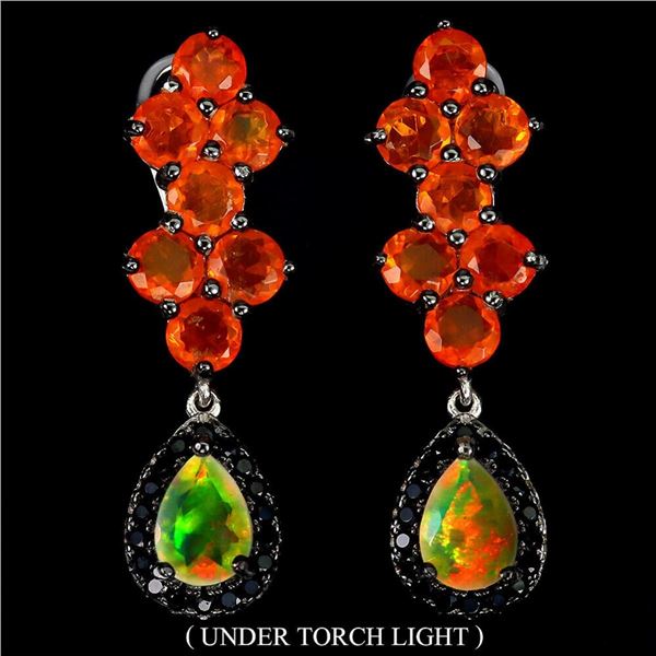 Natural White Opal Black Spinel & Orange Opal Earrings