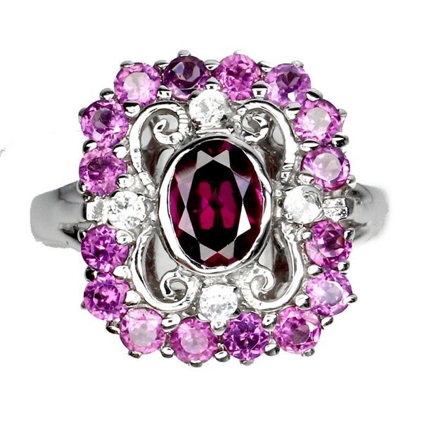 Natural Rhodolite Garnet & White Topaz Ring