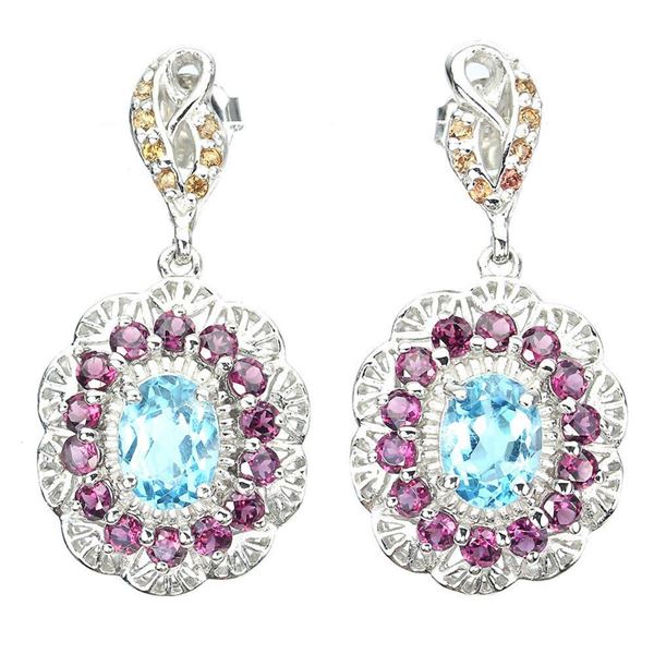 Natural Swiss Blue Topaz & Rhodolite Garnet  Earrings