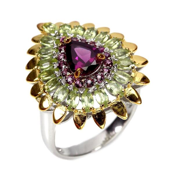 Natural Unheated Rhodolite Garnet & Peridot  Ring