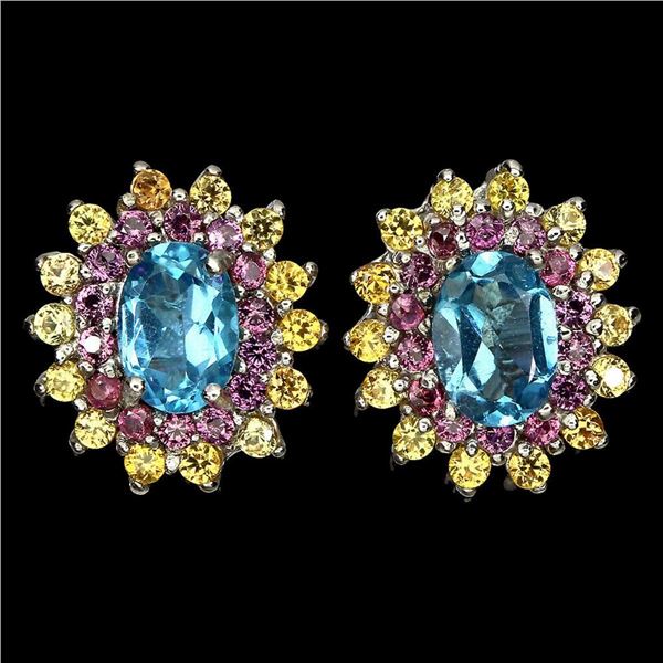 Natural Swiss Blue Topaz Rhodolite Sapphire Earrings