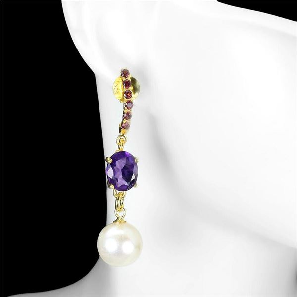 Natural Pearl Amethyst & Garnet Earrings