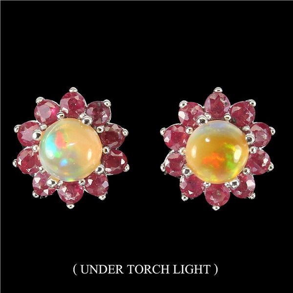 Natural Ethopian White Opal & Ruby Earrings