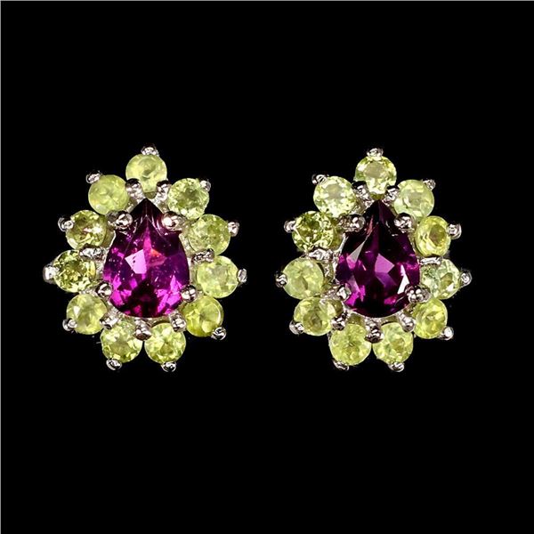 Natural Pink Rhodolite Garnet Peridot Earrings