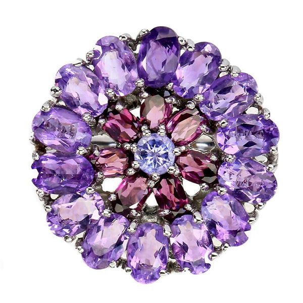 Natural Amethyst Rhodolite Garnet Tanzanite Ring