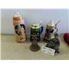 Image 1 : 3 Steins with Hinged Top (1 is Musical), Brass Bell, Figurine