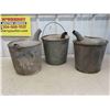 Image 8 : 3 Vintage Galvanized Gas Pails with Spouts, 9 Funnels 