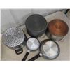 Image 3 : Pots, Pans, 4 Stainless Steel Bowls, Strainers, Measuring Cups