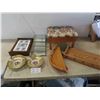 Image 1 : 2 Oak Wood Shelves, Storage Foot Stool , 2 Glass and Brass Show Cases, 