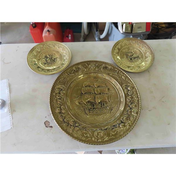 3 Brass Hanging Plates with Ship Display - Largest is 20 1/2'' Diameter