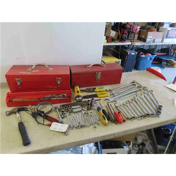 2 Metal Tool Boxes with Wrenches, Screwdrivers, Snips, Ratchet, Sockets, Filter