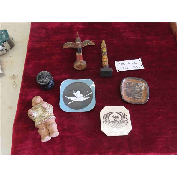 Indigenous Items: 2 Totem Poles, Sculpture, 3 Trinket Dishes, 1 Lidded Container